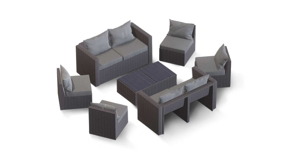 Grey Wicker / Grey Cushion::Gallery::Transformer Double Outdoors Set - Grey Wicker with Grey Fabric Cushions