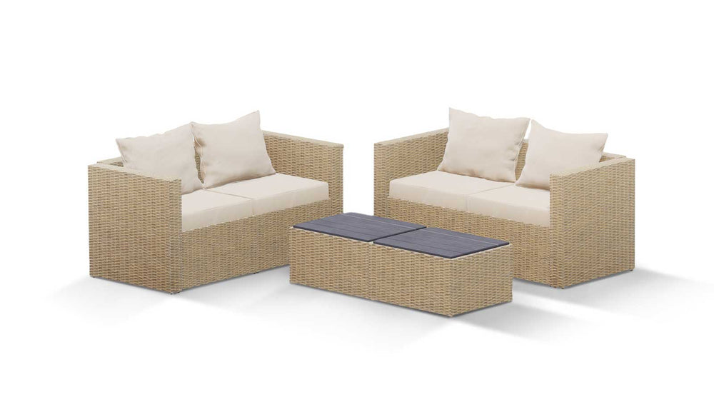 Beige Wicker / Beige Cushion::Gallery::Transformer Double Outdoors Set - Beige Wicker with Beige Fabric Cushions