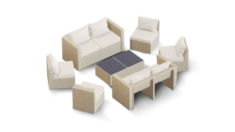 Beige Wicker / Beige Cushion::Gallery::Transformer Double Outdoors Set - Beige Wicker with Beige Fabric Cushions