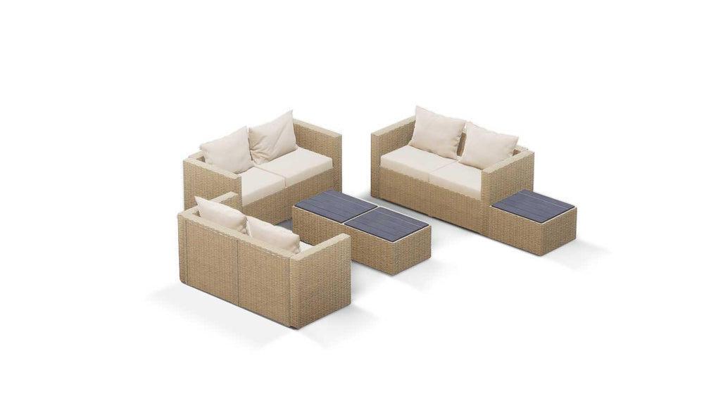 Beige Wicker / Beige Cushion::Gallery::Transformer Triple Outdoors Set - Beige Wicker with Beige Fabric Cushions