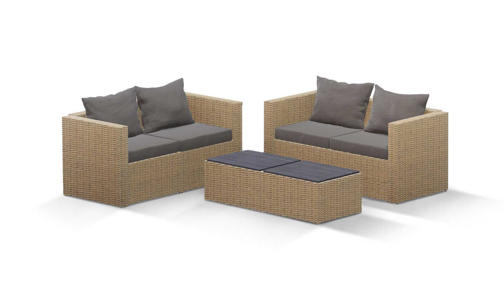 Beige Wicker / Grey Cushion::Gallery::Transformer Double Outdoors Set - Beige Wicker with Grey Fabric Cushions