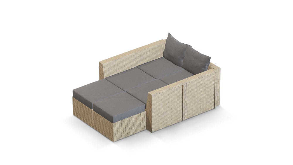 Beige Wicker / Grey Cushion::Gallery::Transformer Double Outdoors Set - Beige Wicker with Grey Fabric Cushions