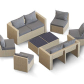 Beige Wicker / Grey Cushion::Gallery::Transformer Double Outdoors Set - Beige Wicker with Grey Fabric Cushions