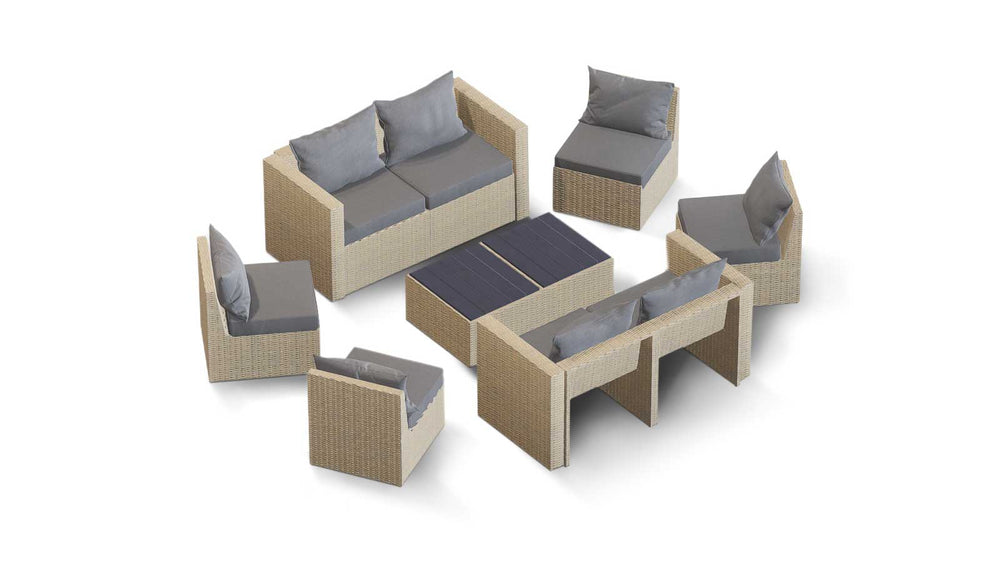 Beige Wicker / Grey Cushion::Gallery::Transformer Double Outdoors Set - Beige Wicker with Grey Fabric Cushions