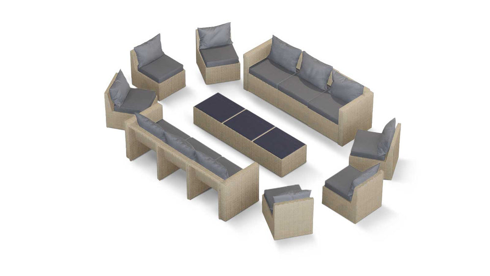 Beige Wicker / Grey Cushion::Gallery::Transformer Triple Outdoors Set - Beige Wicker with Grey Fabric Cushions