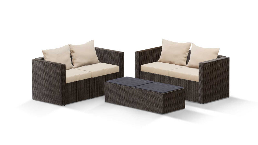 Brown Wicker / Beige Cushion::Gallery::Transformer Double Outdoors Set - Brown Wicker with Beige Fabric Cushions