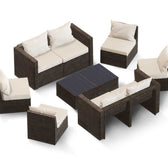 Brown Wicker / Beige Cushion::Gallery::Transformer Double Outdoors Set - Brown Wicker with Beige Fabric Cushions