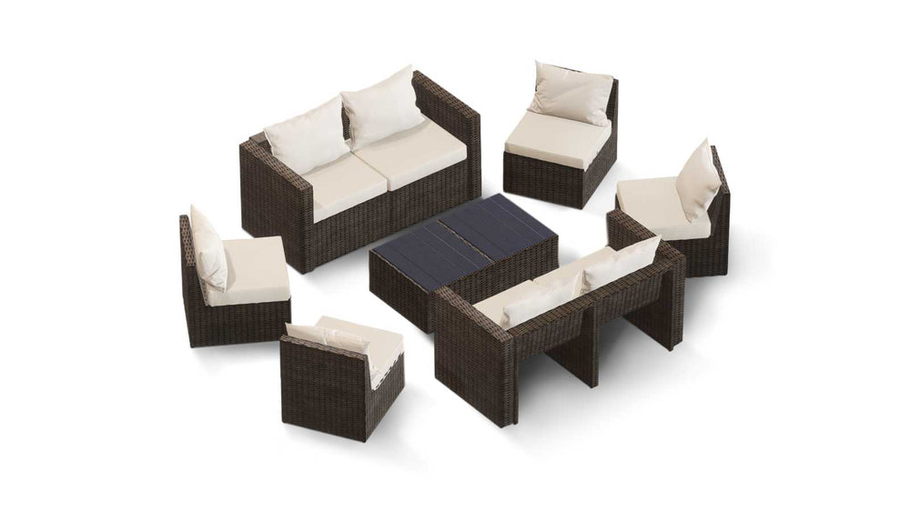 Brown Wicker / Beige Cushion::Gallery::Transformer Double Outdoors Set - Brown Wicker with Beige Fabric Cushions