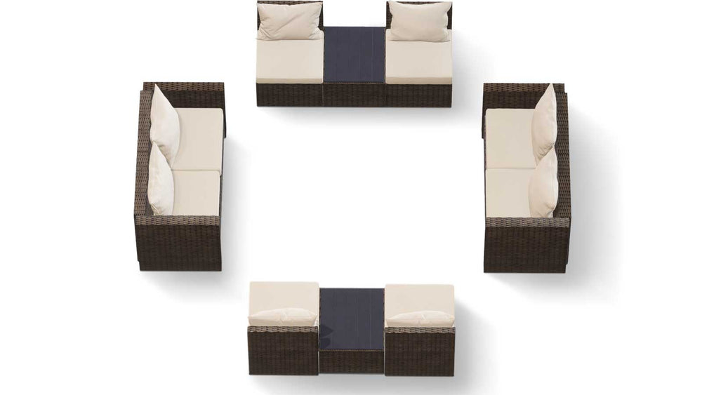 Brown Wicker / Beige Cushion::Gallery::Transformer Double Outdoors Set - Brown Wicker with Beige Fabric Cushions