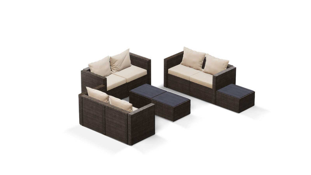 Brown Wicker / Beige Cushion::Gallery::Transformer Triple Outdoors Set - Brown Wicker with Beige Fabric Cushions