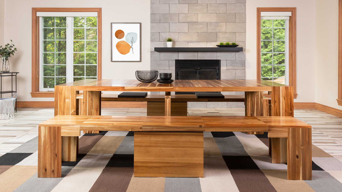 A wooden extendable table in a well light room.