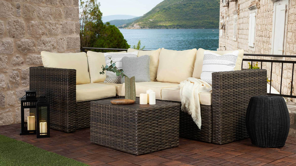 Brown Wicker / Beige Cushion::Gallery::Transformer Outdoors Set - Brown Wicker with Beige Fabric Cushions