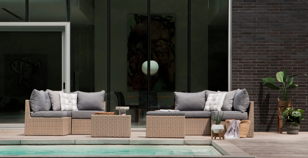 Beige Wicker / Grey Cushion::Gallery::Transformer Double Outdoors Set - Beige Wicker with Grey Fabric Cushions