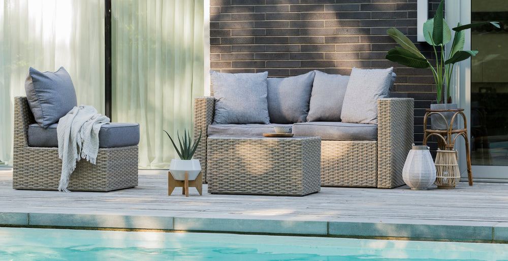 Beige Wicker / Grey Cushion::Gallery::Transformer Outdoors Set - Beige Wicker with Grey Fabric Cushions