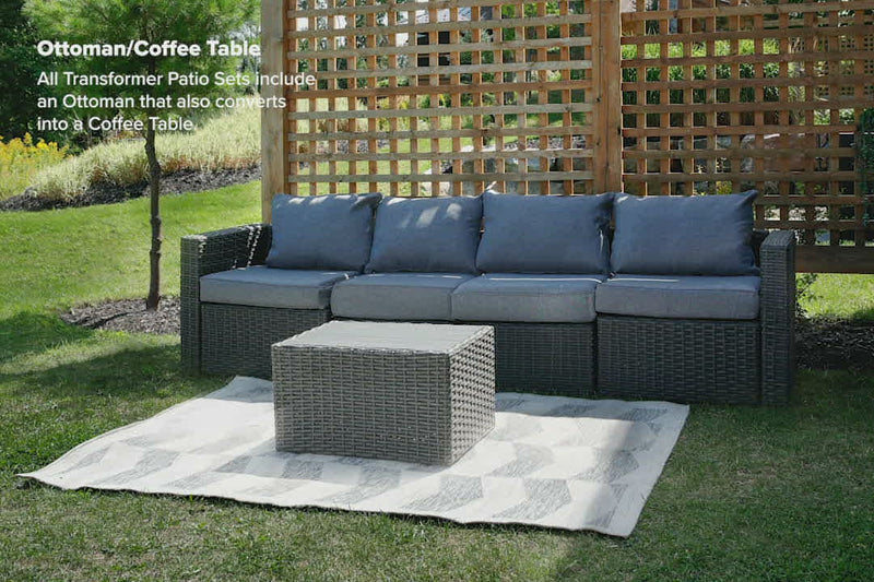 Grey Wicker / Grey Cushion::Gallery::Transformer Outdoors Set - Grey Wicker with Grey Fabric Cushions - Ottoman Coffee Table Video