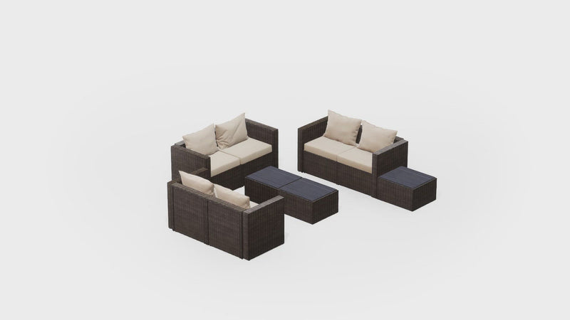 Brown Wicker / Beige Cushion::Gallery::Transformer Triple Outdoors Set - Brown Wicker with Beige Fabric Cushions - Configurations Video