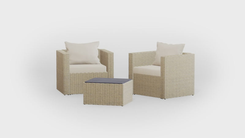 Beige Wicker / Beige Cushion::Gallery::Transformer Outdoors Set - Beige Wicker with Beige Fabric Cushions - Configuration Video