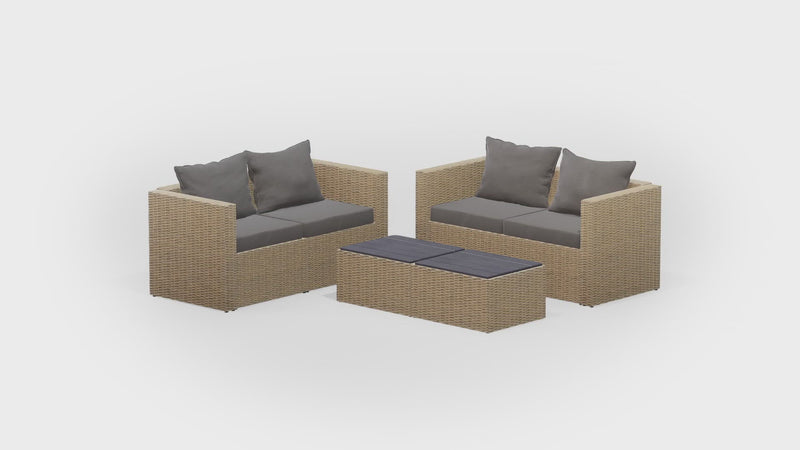 Beige Wicker / Grey Cushion::Gallery::Transformer Double Outdoors Set - Beige Wicker with Grey Fabric Cushions - Configurations Video