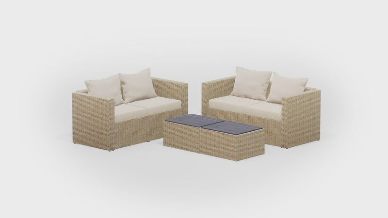 Beige Wicker / Beige Cushion::Gallery::Transformer Double Outdoors Set - Beige Wicker with Beige Fabric Cushions - Configurations Video