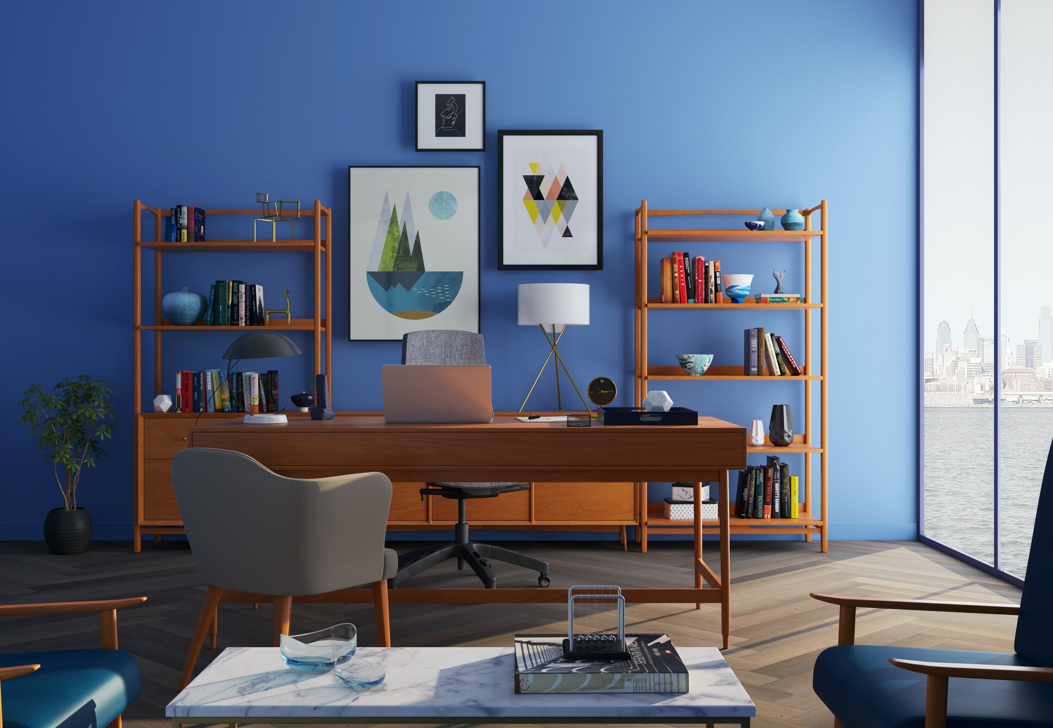 Office furniture in a bright modern room.