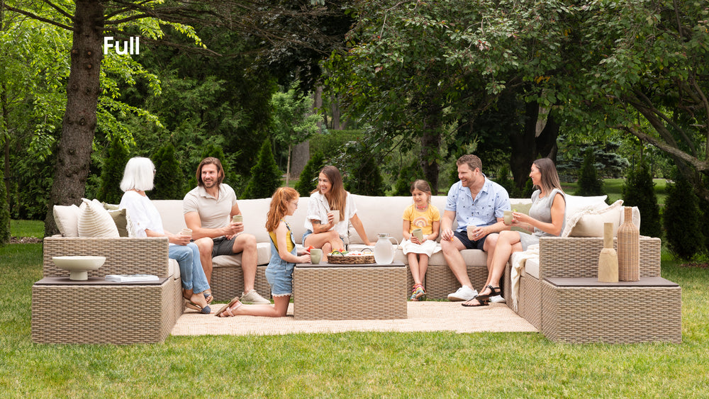 Beige Wicker / Beige Cushion::Gallery::Transformer Triple Outdoors Set - Beige Wicker with Beige Fabric Cushions