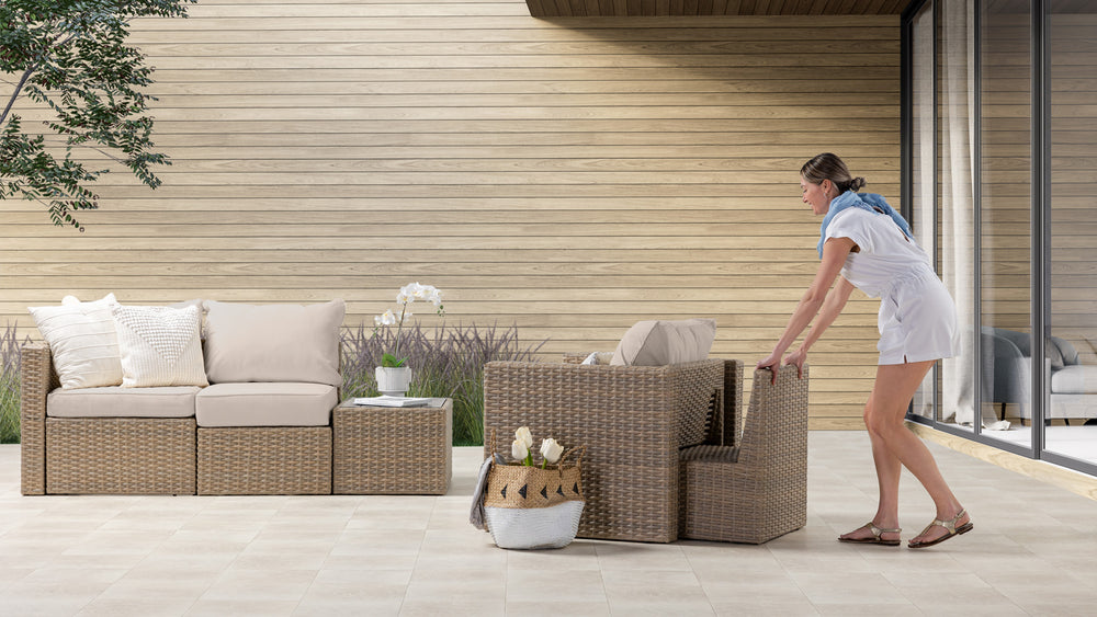 Beige Wicker / Beige Cushion::Gallery::Transformer Triple Outdoors Set - Beige Wicker with Beige Fabric Cushions