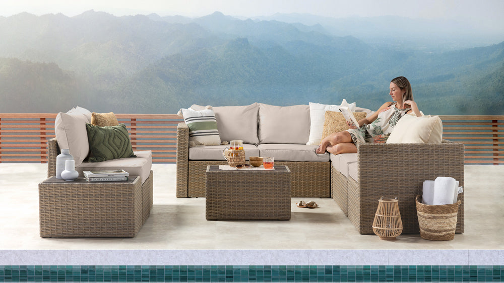 Beige Wicker / Beige Cushion::Gallery::Transformer Double Outdoors Set - Beige Wicker with Beige Fabric Cushions