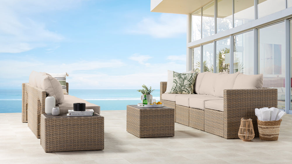 Beige Wicker / Beige Cushion::Gallery::Transformer Double Outdoors Set - Beige Wicker with Beige Fabric Cushions