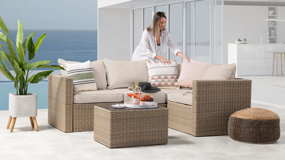 Beige Wicker / Beige Cushion::Gallery::Transformer Outdoors Set - Beige Wicker with Beige Fabric Cushions