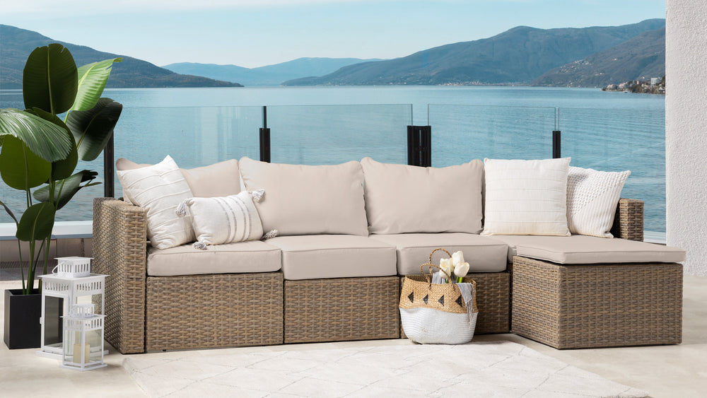 Beige Wicker / Beige Cushion::Gallery::Transformer Outdoors Set - Beige Wicker with Beige Fabric Cushions