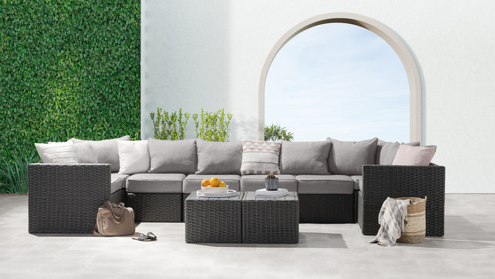 Grey Wicker / Grey Cushion::Gallery::Transformer Double Outdoors Set - Grey Wicker with Grey Fabric Cushions