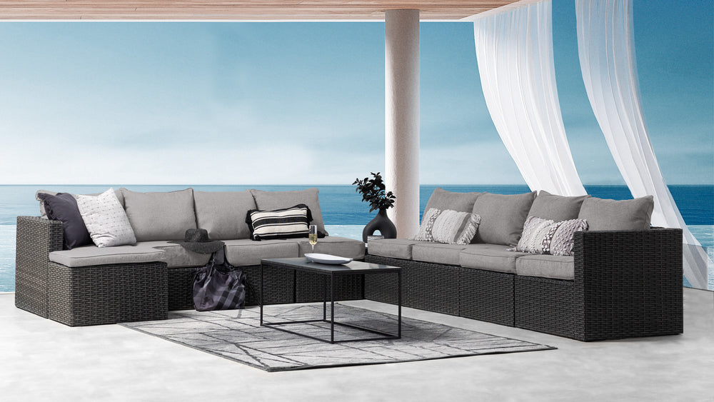 Grey Wicker / Grey Cushion::Gallery::Transformer Double Outdoors Set - Grey Wicker with Grey Fabric Cushions