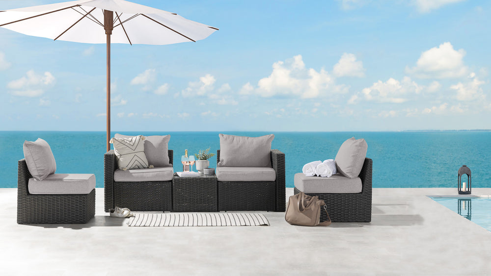 Grey Wicker / Grey Cushion::Gallery::Transformer Outdoors Set - Grey Wicker with Grey Fabric Cushions