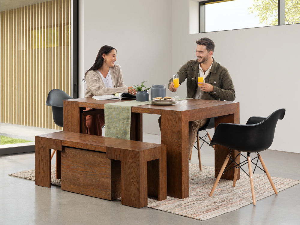 American Walnut::Gallery::Expanded American Walnut Transformer Table Shown with Bench