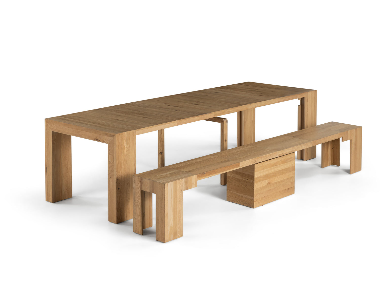 Scandinavian Oak::Gallery::Expanded Scandinavian Oak Transformer Table Shown with Bench